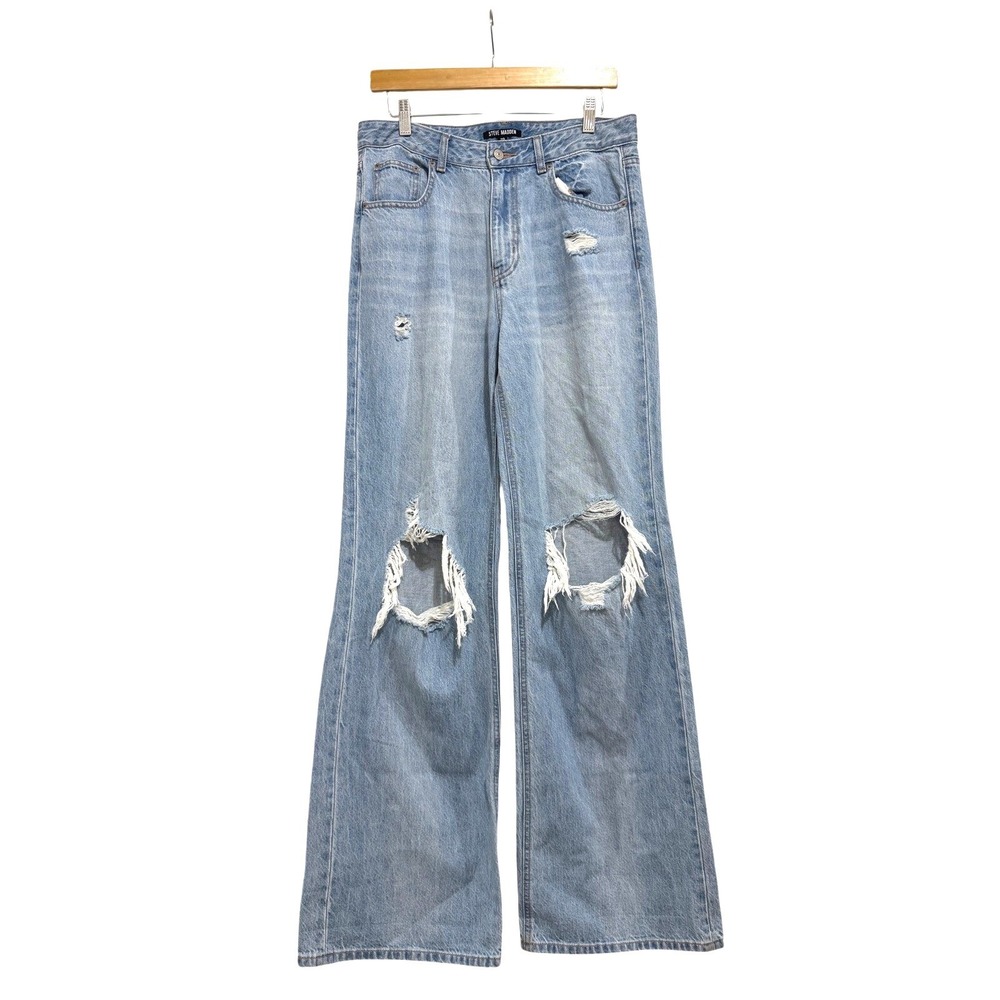 Steve Madden Womens 29 Wide Leg Distressed Jeans Light Wash‎ High Rise BN303767